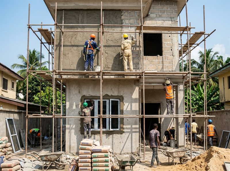Representative building renovation project showing structural exterior remodeling, steel scaffolding, and fresh masonry wall plastering on a modern two-storey building