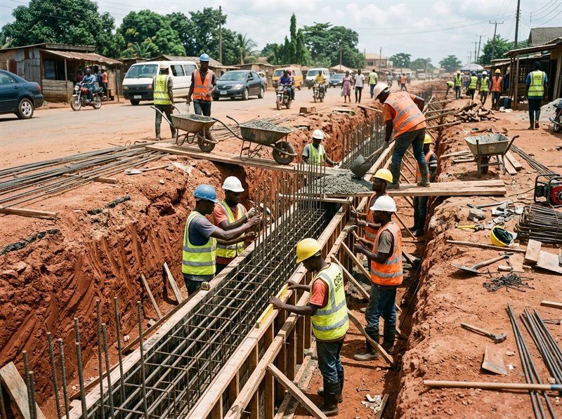 Representative civil works project showing deep reinforced concrete stormwater drainage channel construction with steel rebar cages and timber formwork along a road