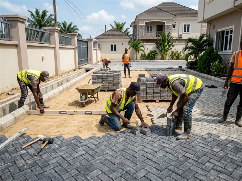 Representative external works project showing heavy-duty interlocking concrete stone paving installation and concrete curb stone alignment on a spacious compound